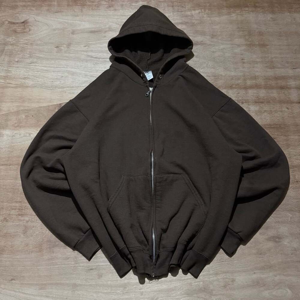 Jerzees Brown Full Zip Hoodie Large Faded Heavyweight Blank Zip Up Grunge - Picture 1 of 3